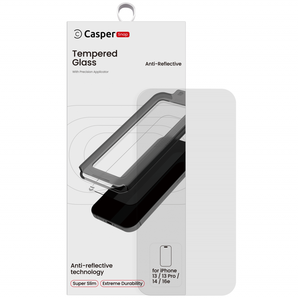 Casper Snap Tempered Glass For iPhone 13 / 13 Pro / 14 / 16e /17e (Retail Pack) (AR Clear)