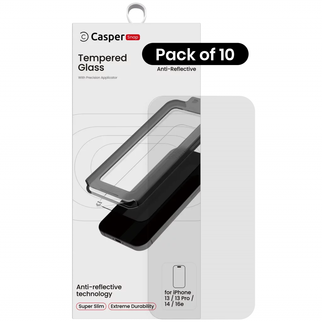 Casper Snap Tempered Glass Compatible For iPhone 13 / 13 Pro / 14 / 16e (10 Pack) (AR Clear)