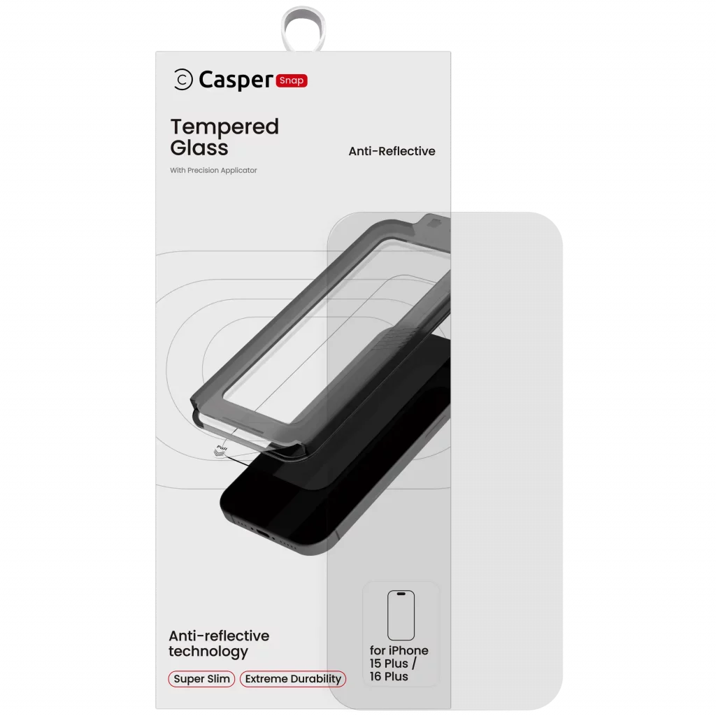 Casper Snap Tempered Glass Compatible For iPhone 15 Plus / 16 Plus (Retail Pack) (AR Clear)