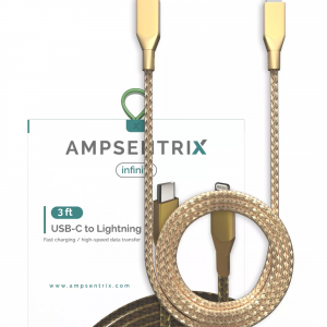 AmpSentrix Infinity Lightning to USB-C Cable (Non-MFI) (1m, 3ft) (Gold)