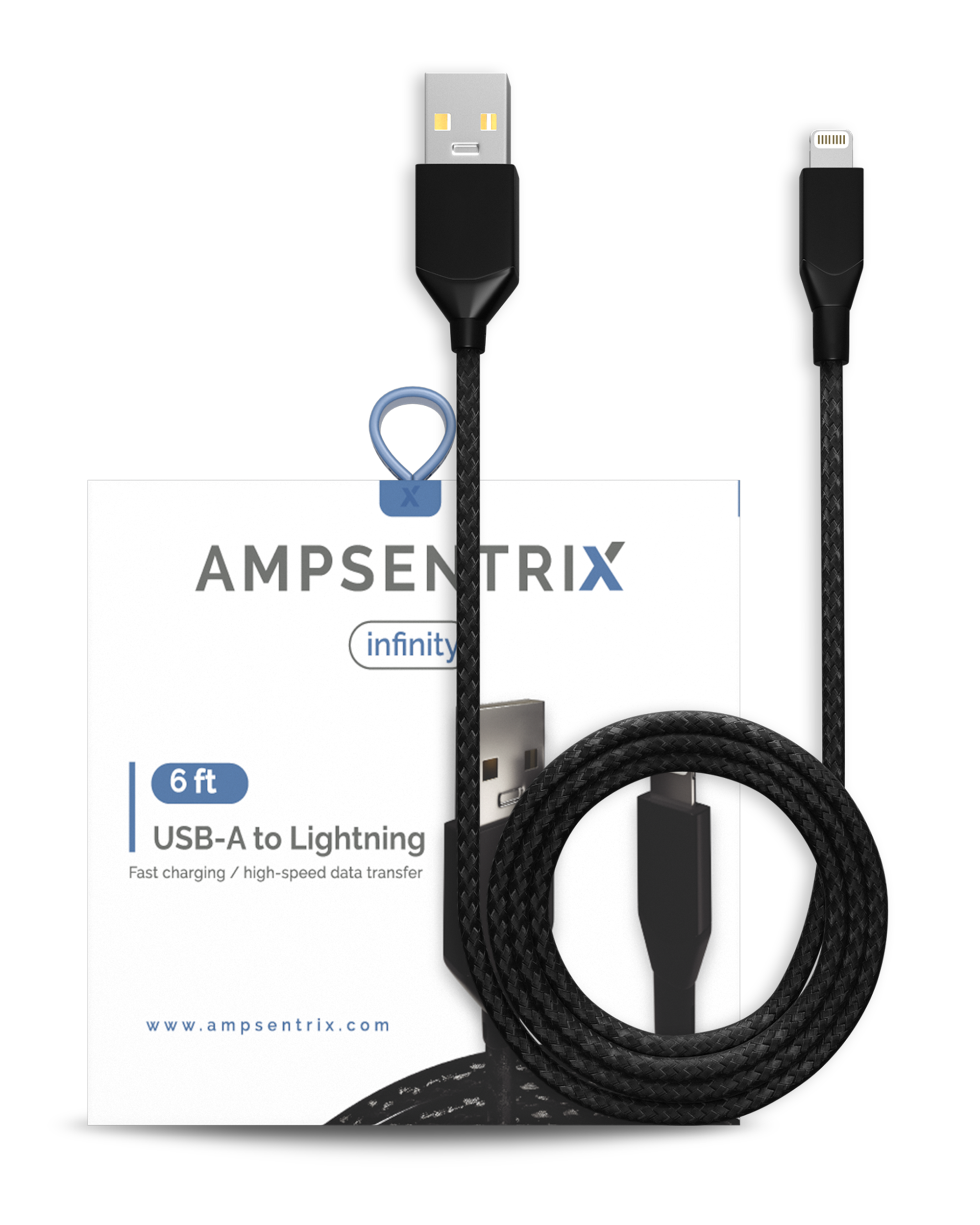 USB Type A To Lightning Cable (Non-MFI) (1.8 m / 6 ft) (AmpSentrix Infinity) (Black)