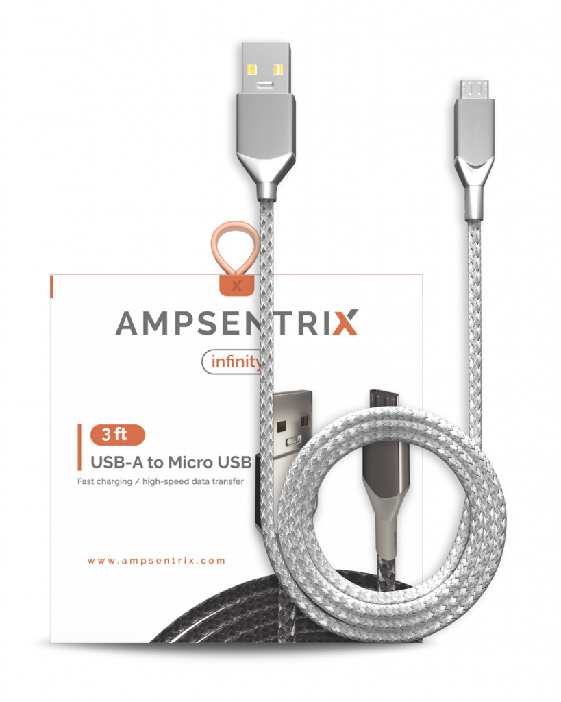AmpSentrix Infinity Micro USB to USB-A Cable (1m, 3ft) (Silver)