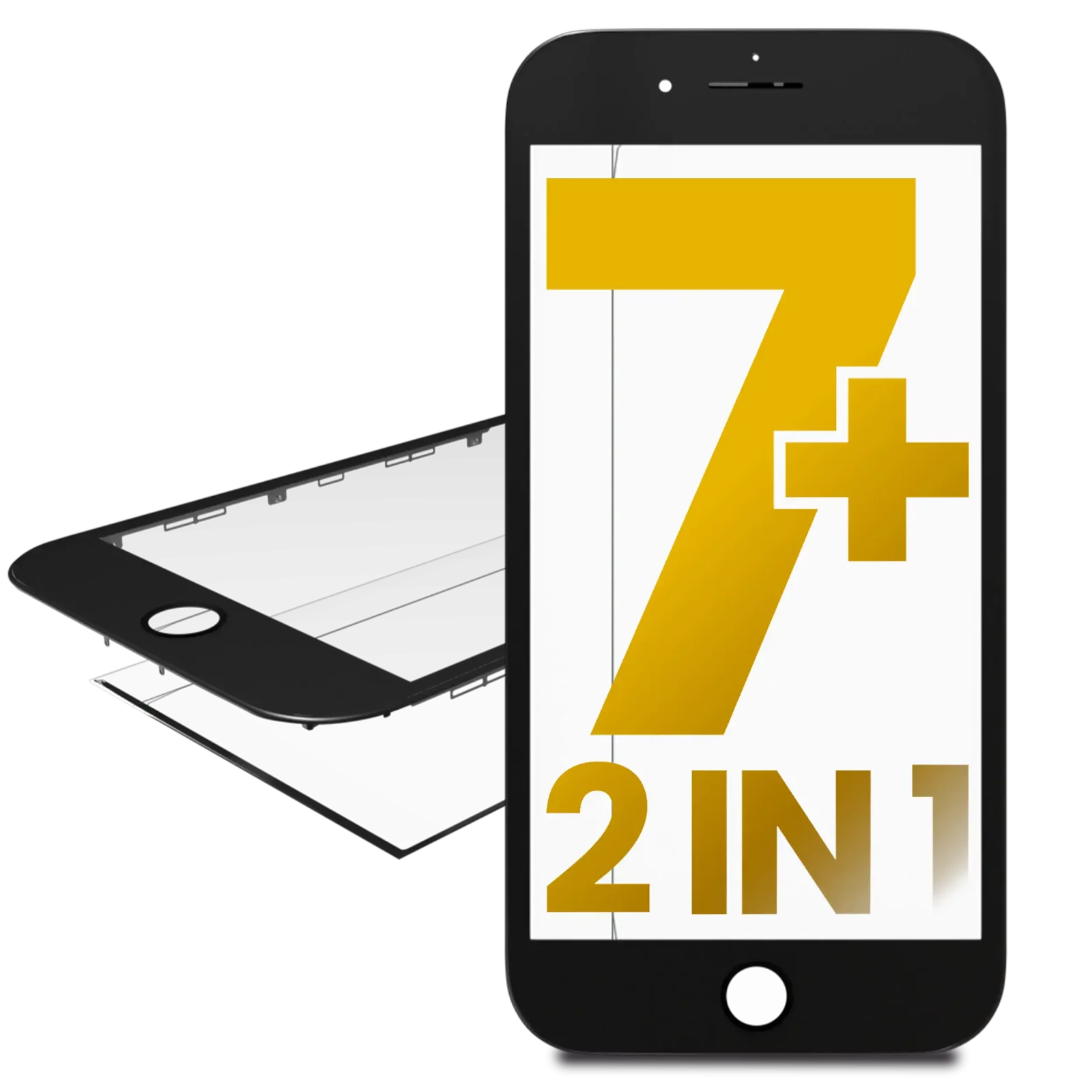 Glass With Frame Pre-Installed For iPhone 7 Plus (Black) (Premium / 2 in 1) (2 Pack)