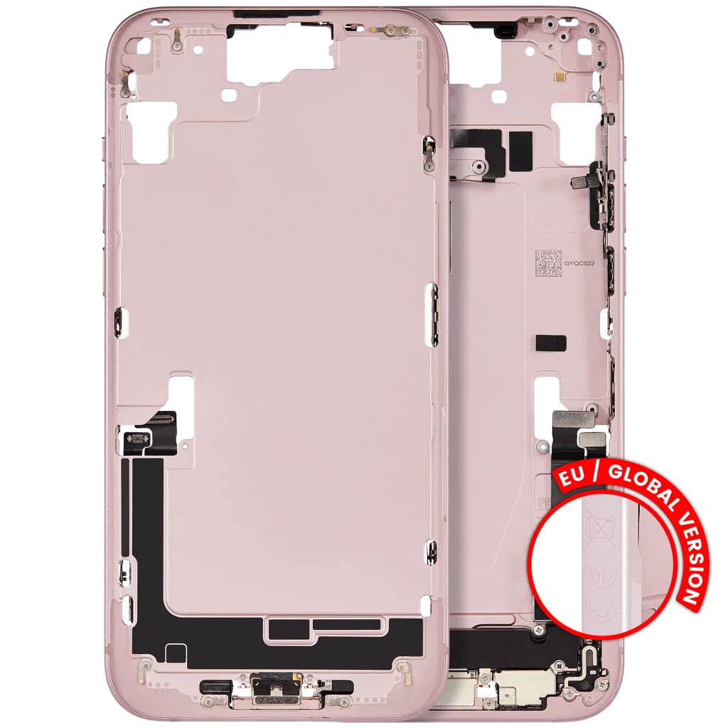 Mid-Frame Housing W/ Charging Port Flex & Small Parts For iPhone 15 Plus (EU / Global Version) (Used OEM Pull: Grade A) (Pink)