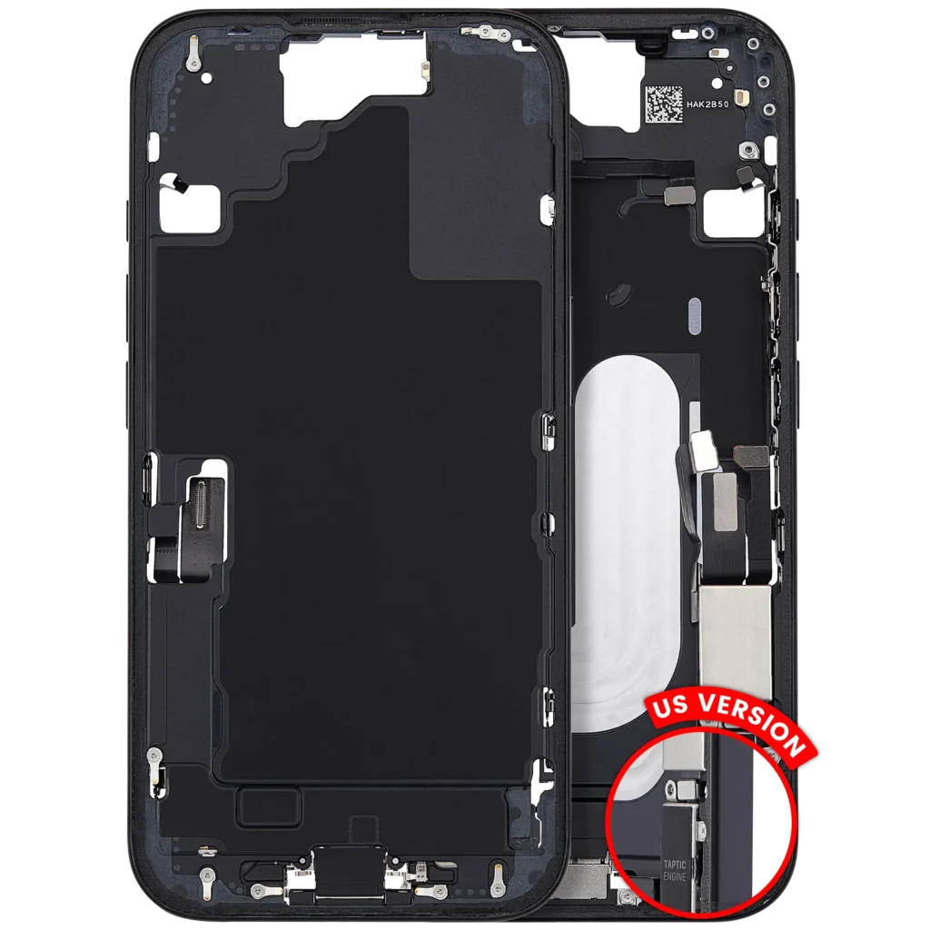 Mid-Frame Housing W/ Charging Port Flex & Small Parts For iPhone 16 (US Version) (Used OEM Pull: Grade C) (Black)