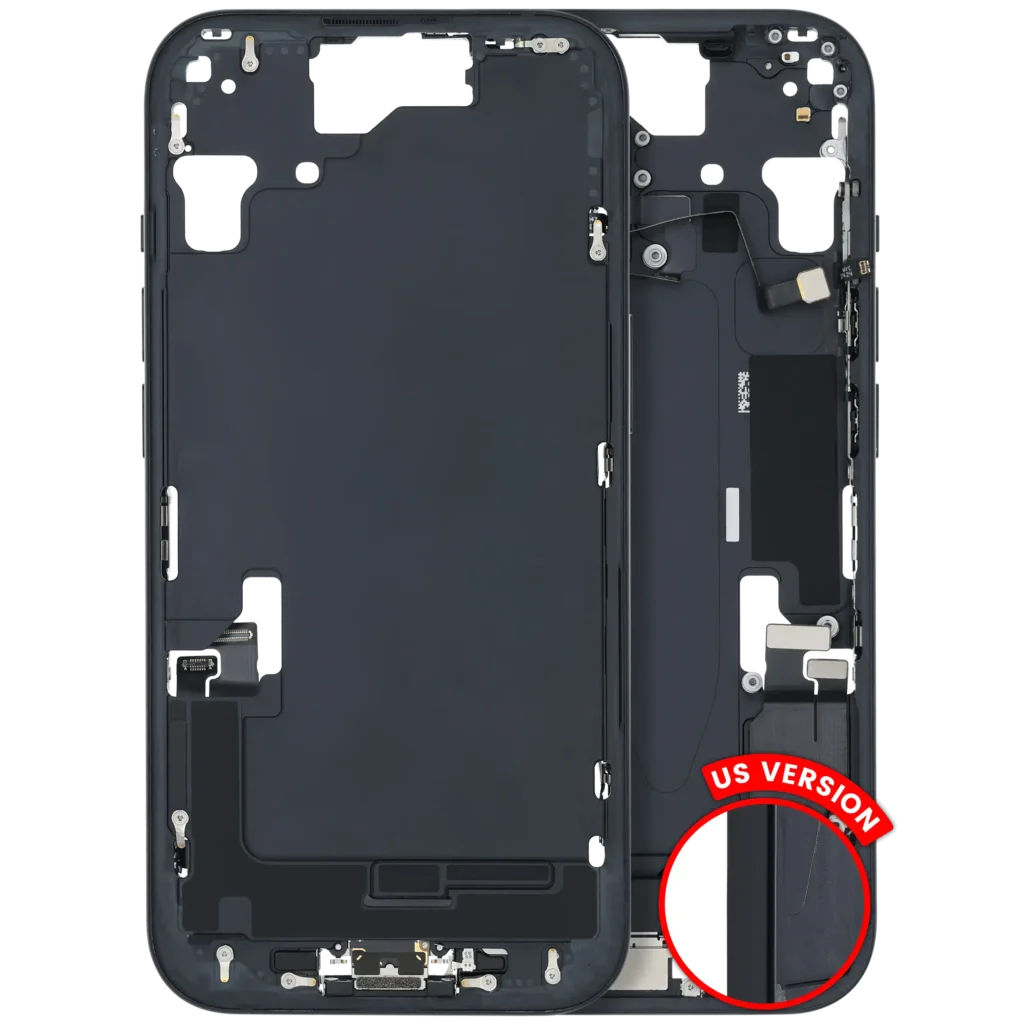 Mid-Frame Housing W/ Charging Port Flex & Small Parts For iPhone 15 (US Version) (Used OEM Pull: Grade B) (Black)