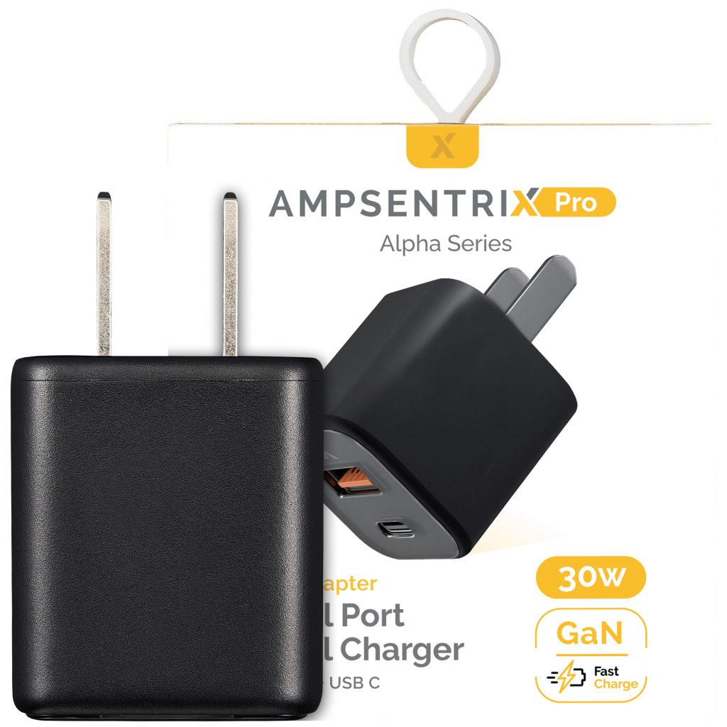 AmpSentrix Pro 30W 2-in-1 USB-C / USB-A GaN Wall Adapter (Black Titanium)