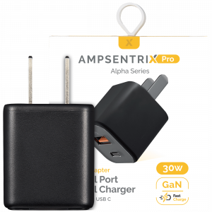 30W Dual-Port Wall Charger with GaN Fast Charging (USB-C + USB-A) (AmpSentrix Pro) (Black Titanium)