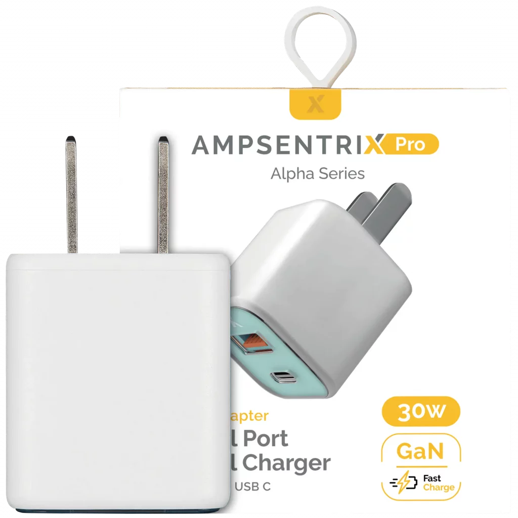 AmpSentrix Pro 30W 2-in-1 USB-C / USB-A GaN Wall Adapter (Teal)