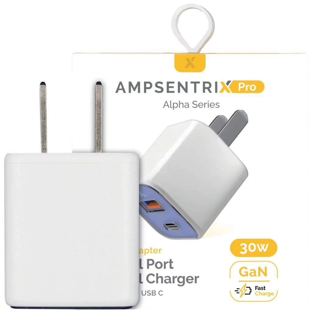AmpSentrix Pro 30W 2-in-1 USB-C / USB-A GaN Wall Adapter (Ultramarine)