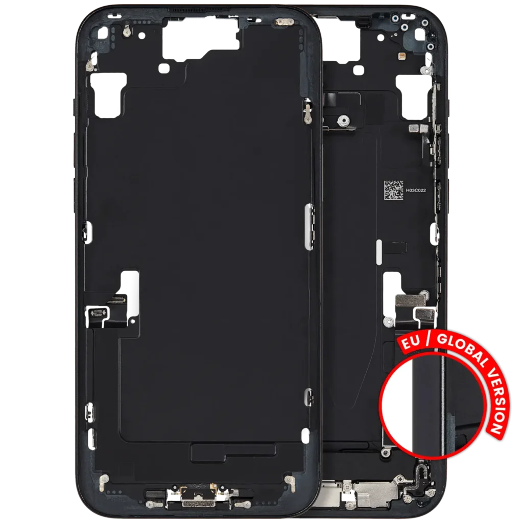 Mid-Frame Housing W/ Charging Port Flex & Small Parts For iPhone 15 Plus (EU / Global Version) (Used OEM Pull: Grade C) (Black)