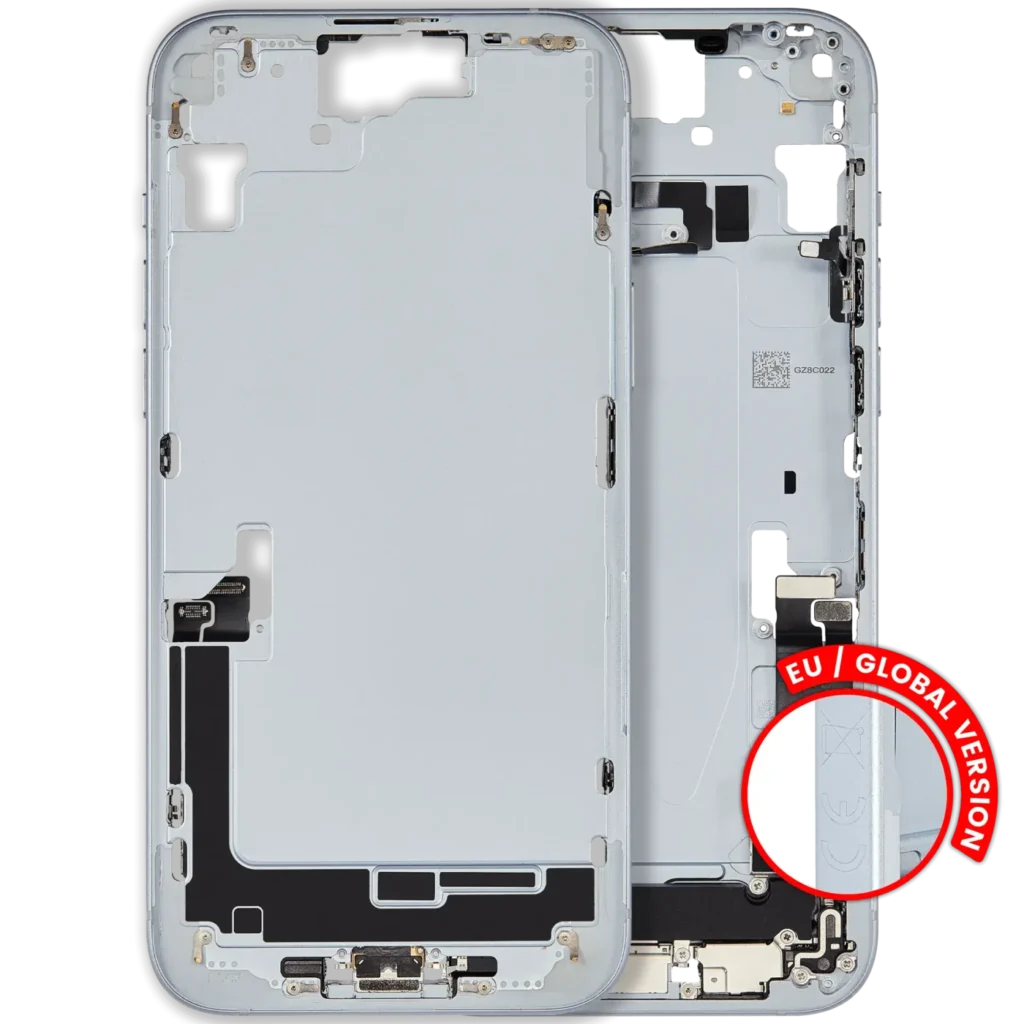 Mid-Frame Housing W/ Charging Port Flex & Small Parts For iPhone 15 Plus (EU / Global Version) (Used OEM Pull: Grade C) (Blue)