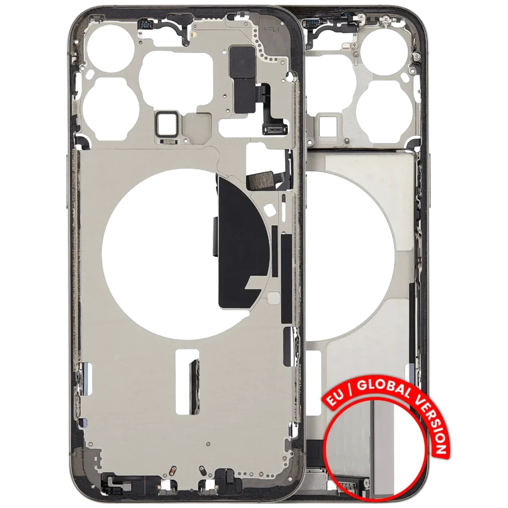 Mid-Frame Housing W/ Charging Port Flex & Small Parts For iPhone 15 Pro Max (EU / Global Version) (Used OEM Pull: Grade B) (Natural Titanium)