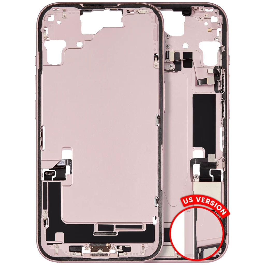 Mid-Frame Housing W/ Charging Port Flex & Small Parts For iPhone 15 (US Version) (Used OEM Pull: Grade A) (Pink)