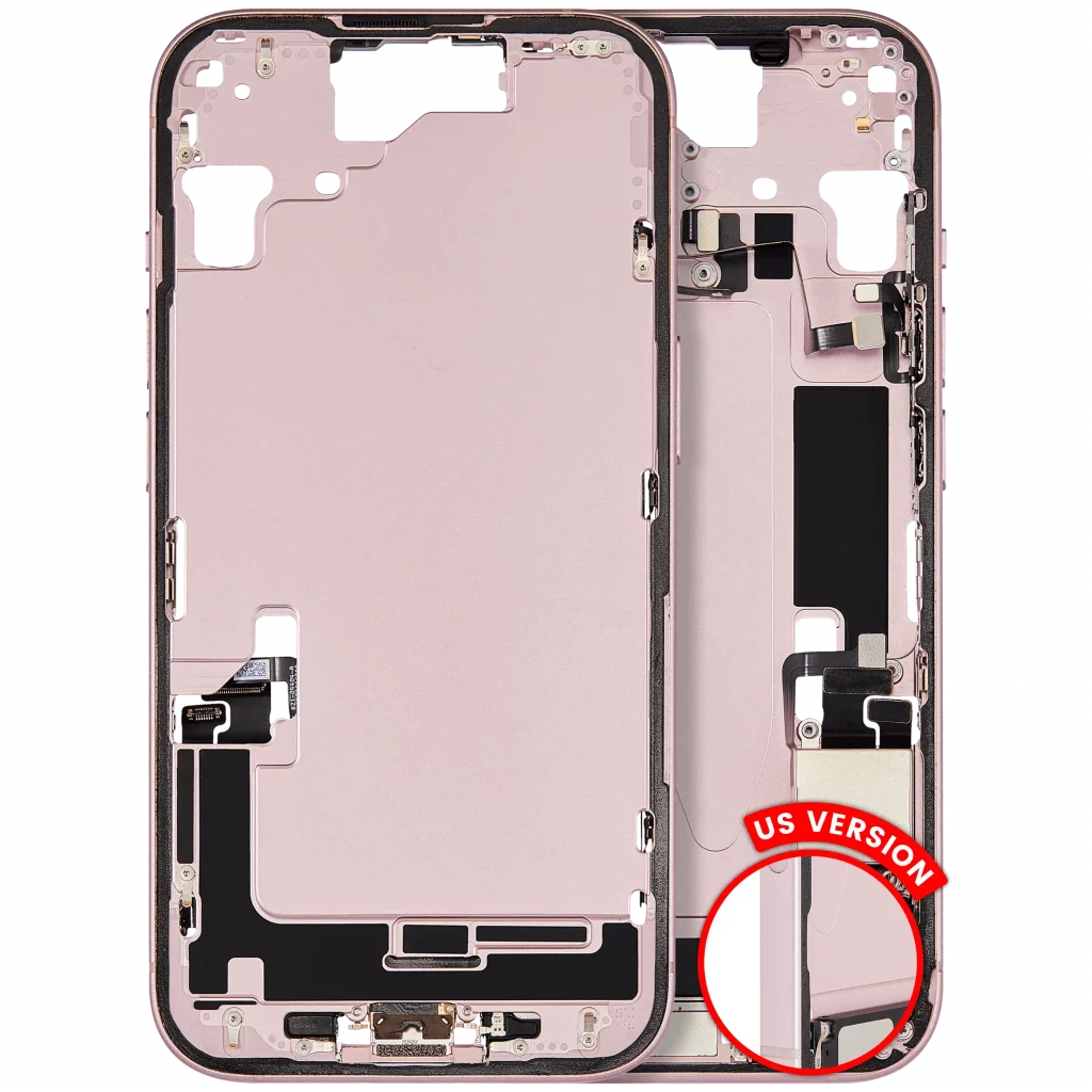 Mid-Frame Housing W/ Charging Port Flex & Small Parts For iPhone 15 (US Version) (Used OEM Pull: Grade C) (Pink)