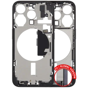 Mid-Frame Housing W/ Charging Port Flex & Small Parts For iPhone 15 Pro (EU / Global Version) (Used OEM Pull: Grade B) (Black Titanium)