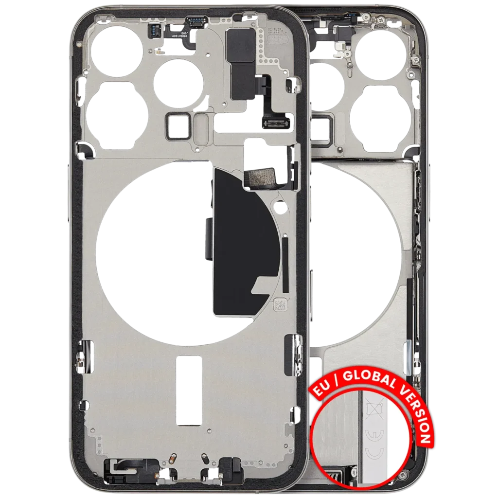 Mid-Frame Housing W/ Charging Port Flex & Small Parts For iPhone 15 Pro (EU / Global Version) (Used OEM Pull: Grade A) (White Titanium)