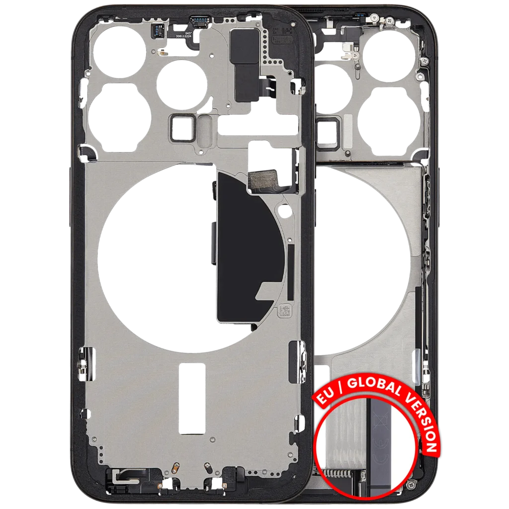 Mid-Frame Housing W/ Charging Port Flex & Small Parts For iPhone 15 Pro (EU / Global Version) (Used OEM Pull: Grade A) (Black Titanium)