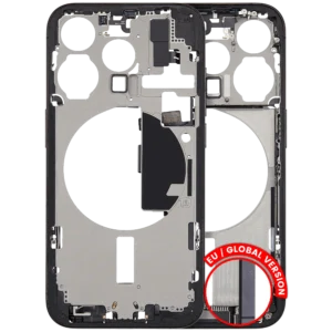 Mid-Frame Housing W/ Charging Port Flex & Small Parts For iPhone 15 Pro (EU / Global Version) (Used OEM Pull: Grade A) (Black Titanium)