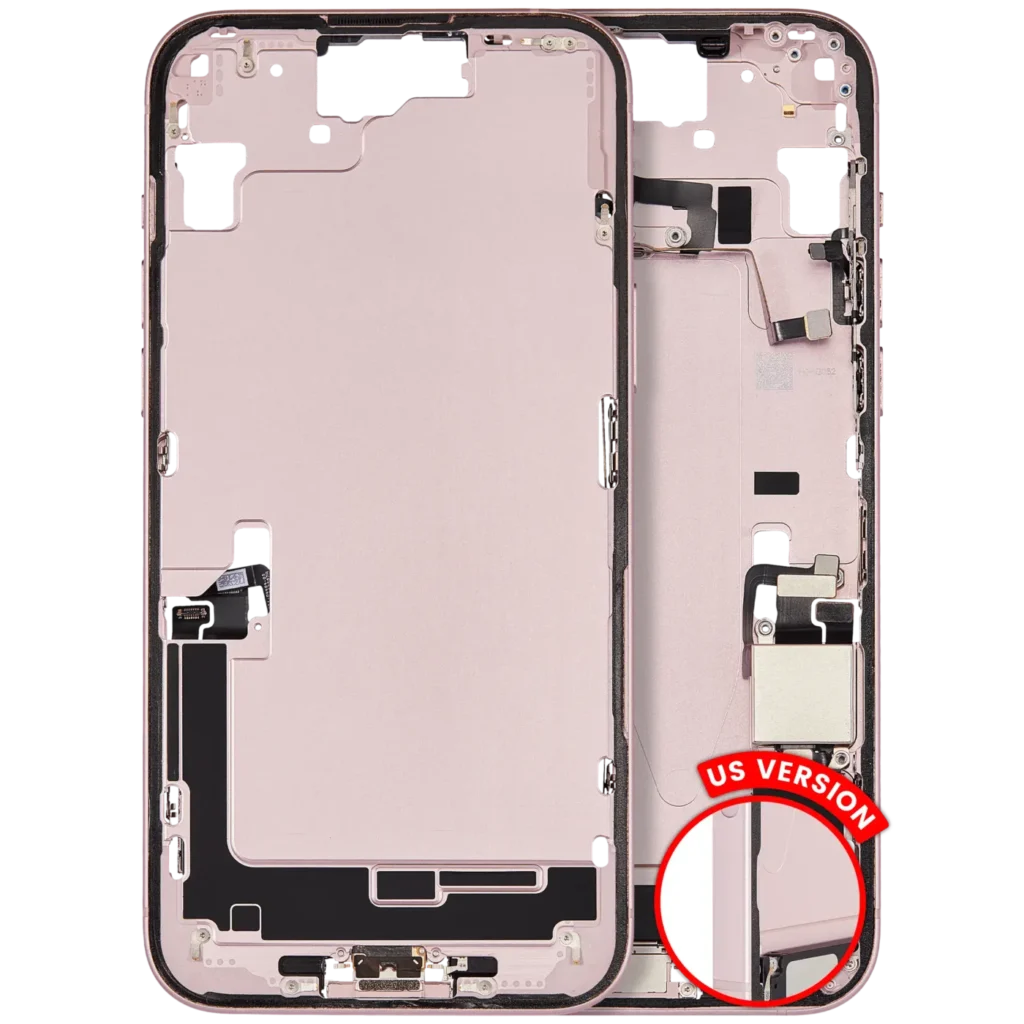 Mid-Frame Housing W/ Charging Port Flex & Small Parts For iPhone 15 Plus (US Version) (Used OEM Pull: Grade C) (Pink)