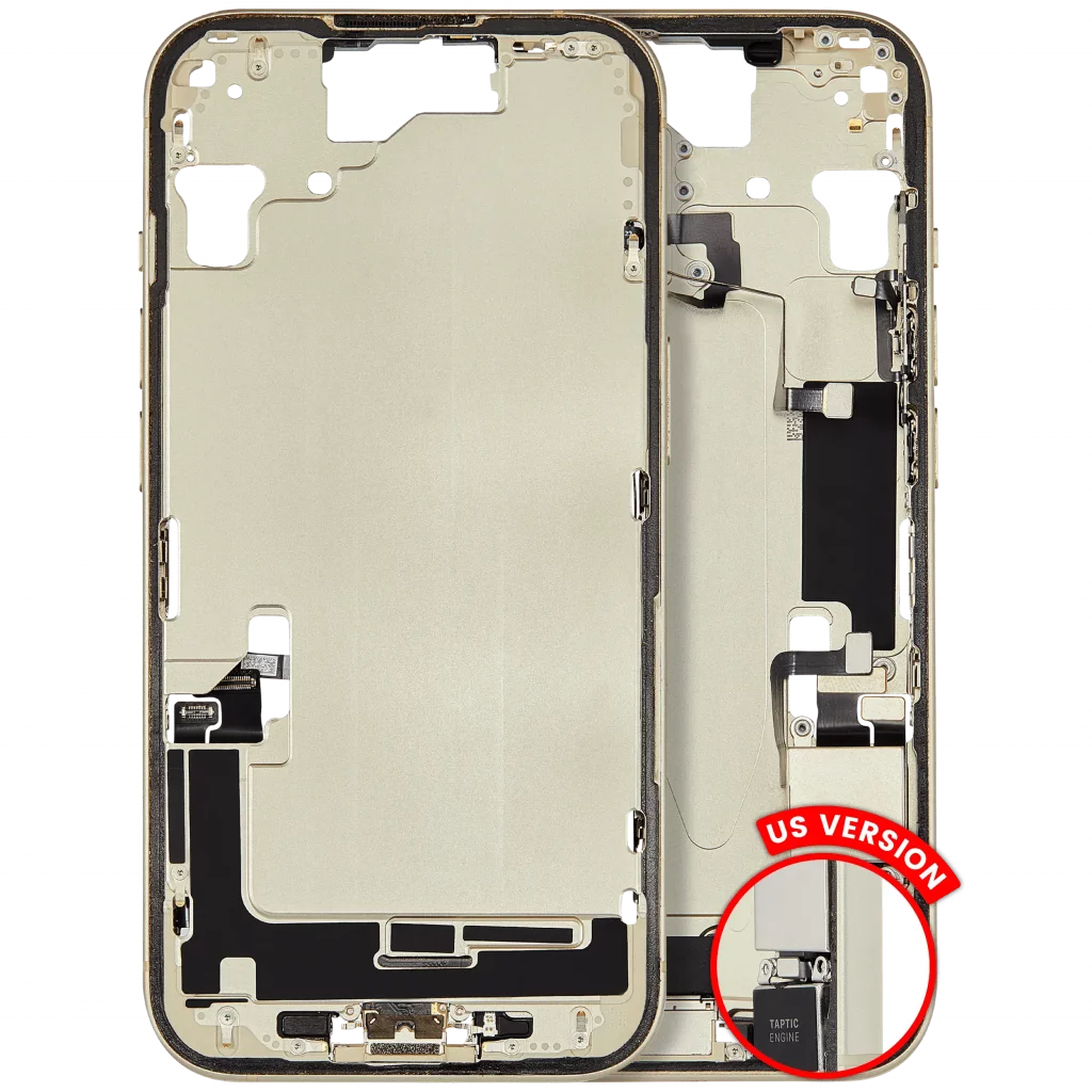Mid-Frame Housing W/ Charging Port Flex & Small Parts For iPhone 15 (US Version) (Used OEM Pull: Grade B) (Yellow)