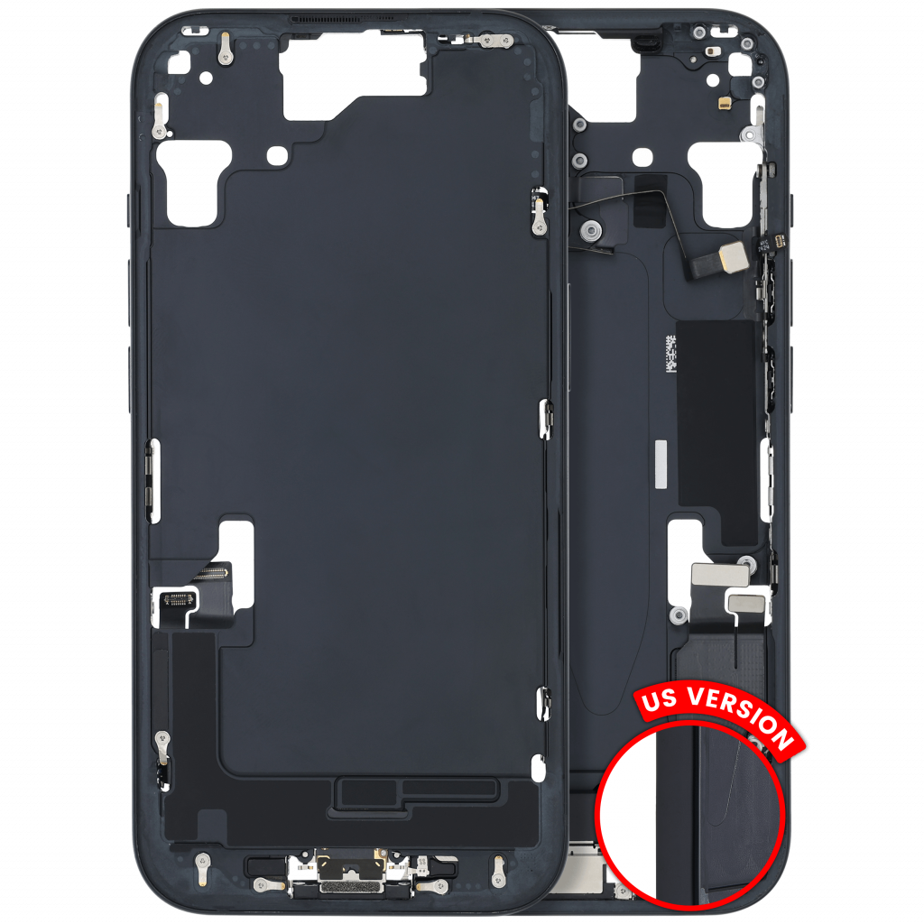 Mid-Frame Housing W/ Charging Port Flex & Small Parts For iPhone 15 (US Version) (Used OEM Pull: Grade C) (Black)