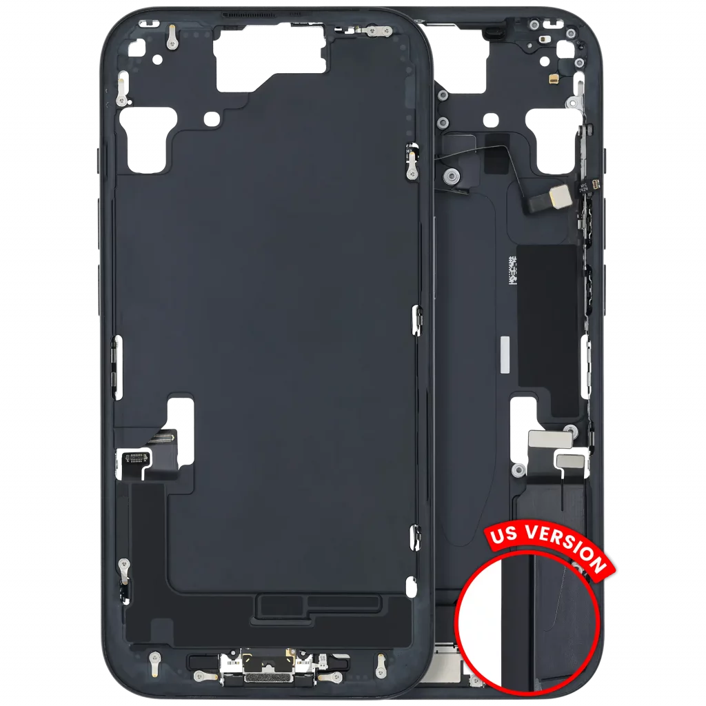 Mid-Frame Housing W/ Charging Port Flex & Small Parts For iPhone 15 (US Version) (Used OEM Pull: Grade A) (Black)