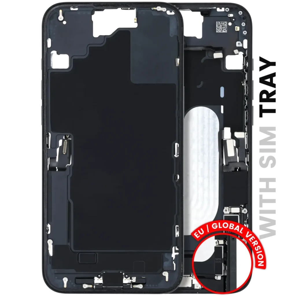 Mid-Frame Housing W/ Charging Port Flex & Small Parts For iPhone 16 Plus (EU / Global Version) (Used OEM Pull: Grade B) (Black)