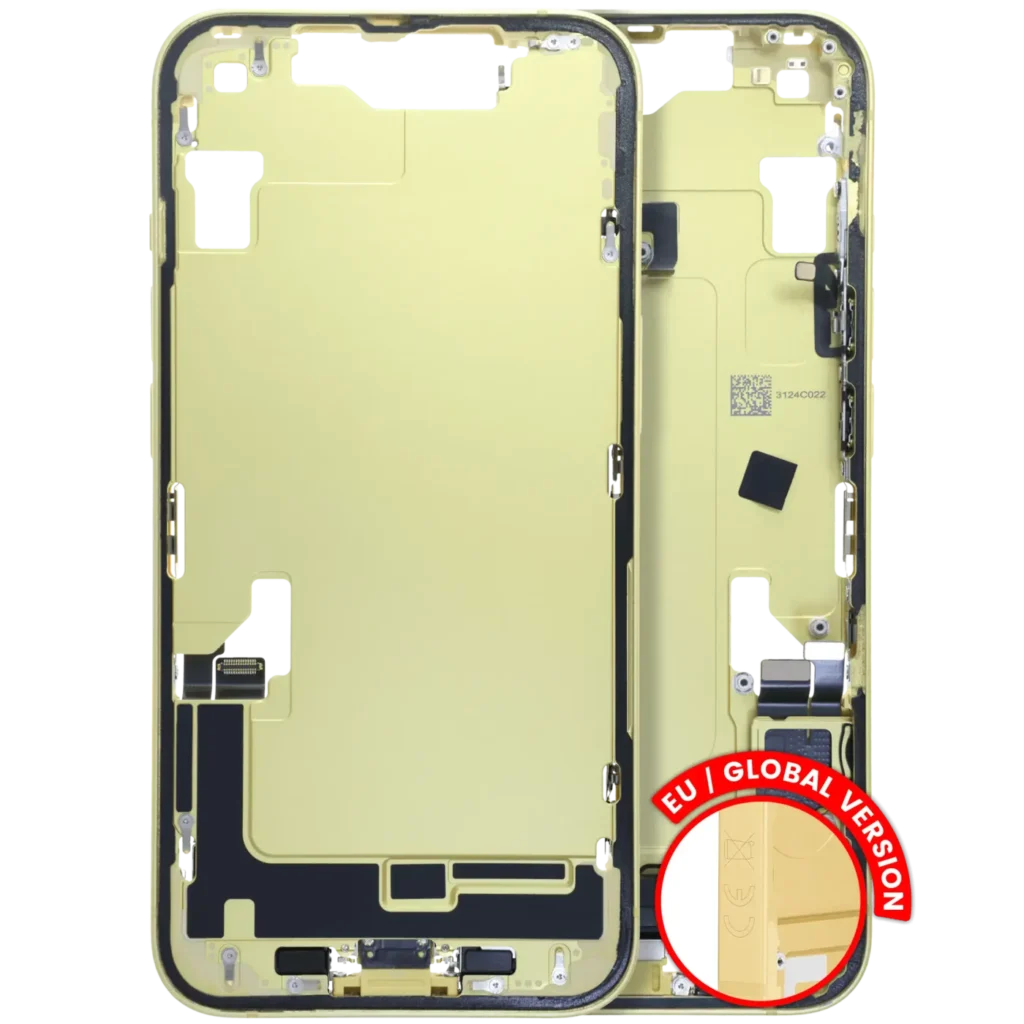 Mid-Frame Housing W/ Charging Port Flex & Small Parts For iPhone 14 (EU / Global Version) (Used OEM Pull: Grade A) (Yellow)