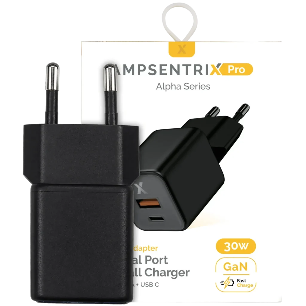 AmpSentrix Pro 30W 2-in-1 USB-C / USB-A GaN Wall Adapter (220V / EU Plug) (Black Titanium)