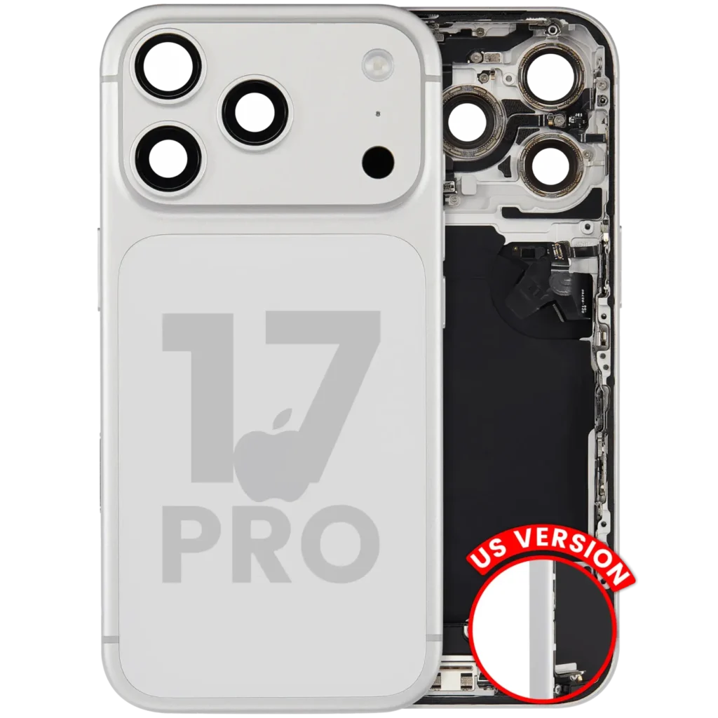 Back Housing W/ Charging Port Flex & Small Parts Compatible For iPhone 17 Pro (US Version) (Used OEM Pull: Grade A) (Silver)