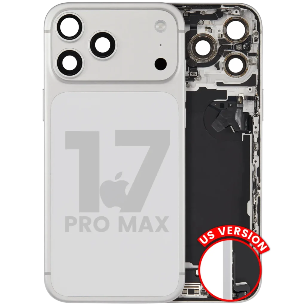 Back Housing W/ Charging Port Flex & Small Parts For iPhone 17 Pro Max (US Version) (Used OEM Pull: Grade C) (Silver)