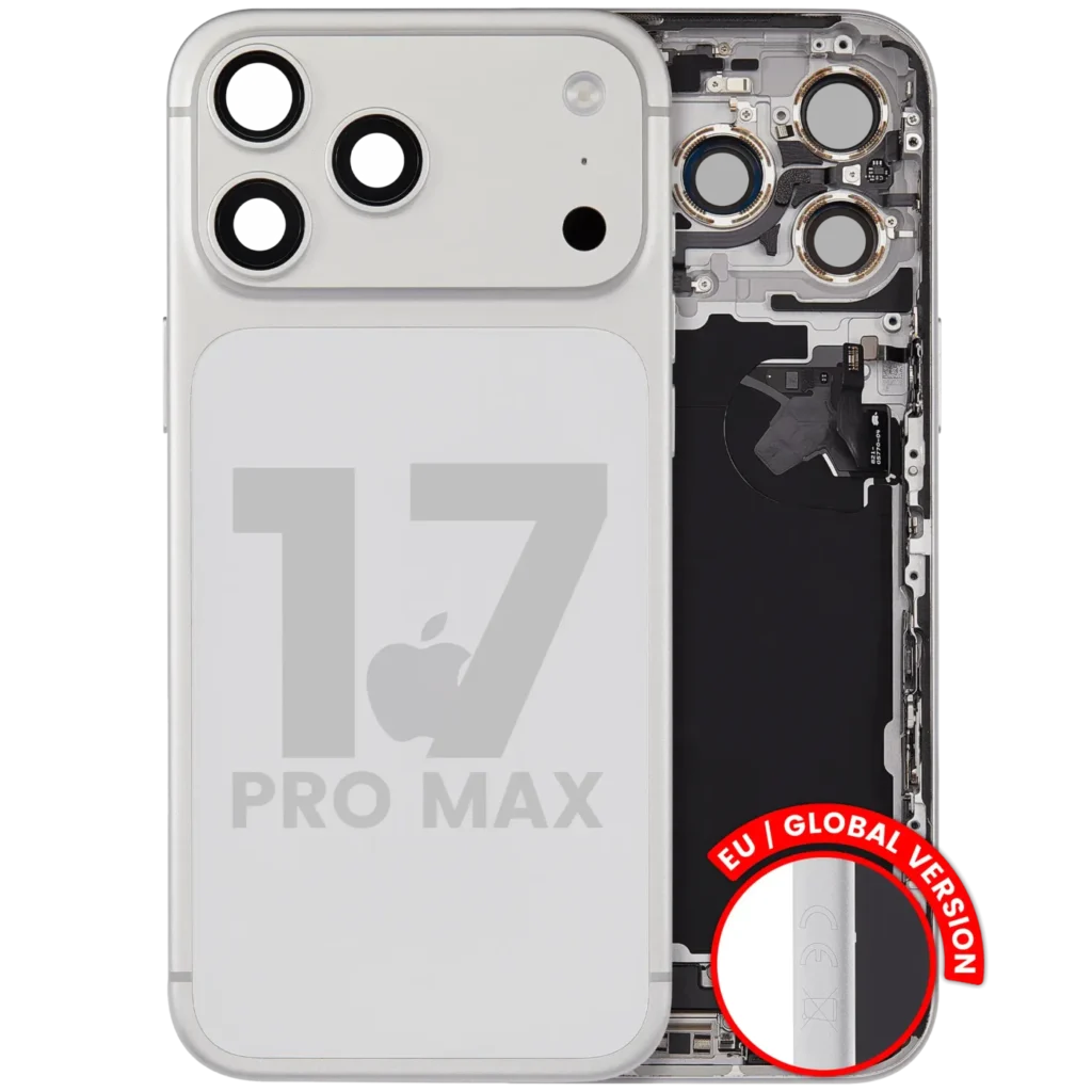 Back Housing W/ Charging Port Flex & Small Parts For iPhone 17 Pro Max (EU / Global Version) (Used OEM Pull: Grade B) (Silver)