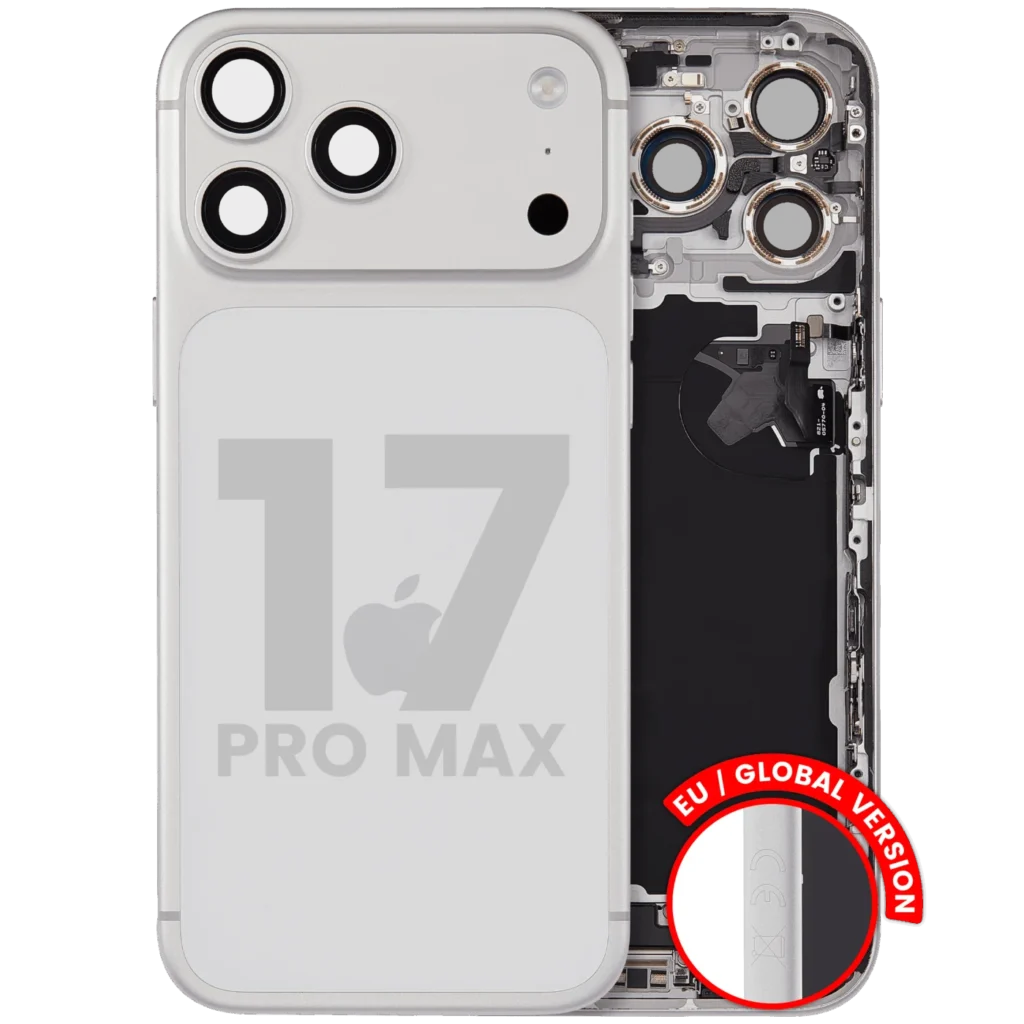 Back Housing W/ Charging Port Flex & Small Parts For iPhone 17 Pro Max (EU / Global Version) (Used OEM Pull: Grade C) (Silver)