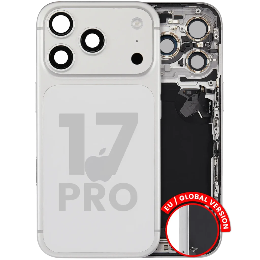 Back Housing W/ Charging Port Flex & Small Parts For iPhone 17 Pro (EU / Global Version) (Used OEM Pull: Grade C) (Silver)