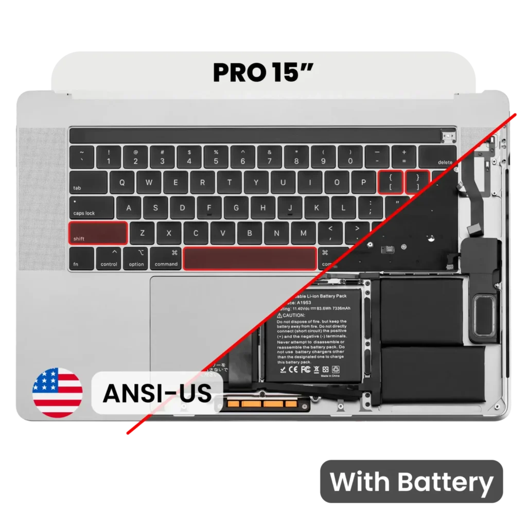 Top Case with Battery and Keyboard (ANSI US) For MacBook Pro 15" A1990 (2018-2019) (Used OEM Pull: Grade A) (Silver)