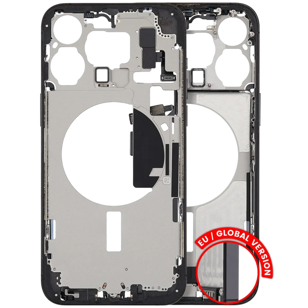 Mid-Frame Housing W/ Charging Port Flex & Small Parts For iPhone 15 Pro Max (EU / Global Version) (Used OEM Pull: Grade C) (Black Titanium)