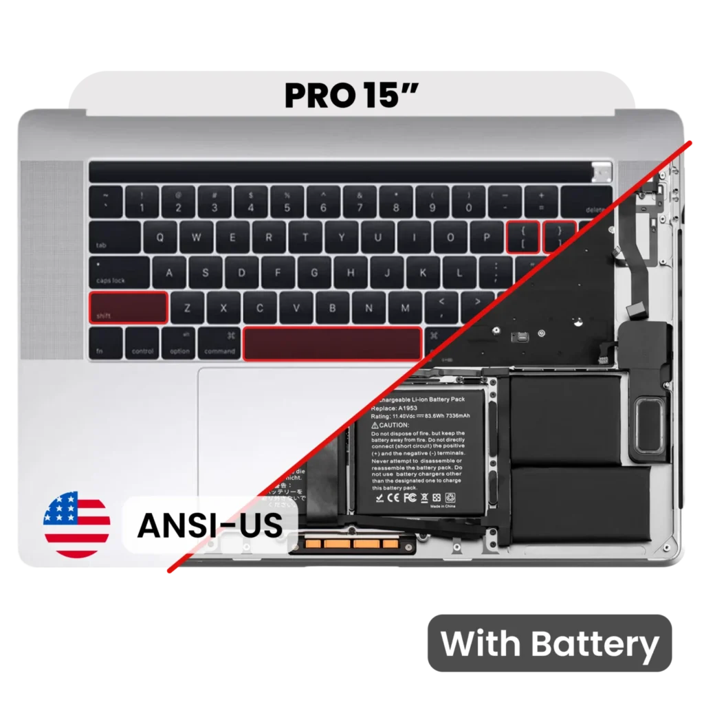 Top Case with Battery and Keyboard (ANSI US) For MacBook Pro 15" A1990 (2018-2019) (Used OEM Pull: Grade B/C) (Silver)