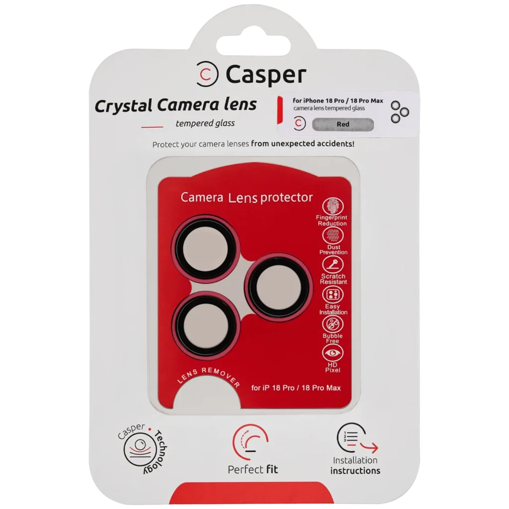 Casper Camera Lens Protector Compatible For iPhone 18 Pro / 18 Pro Max (Red) (Clear)