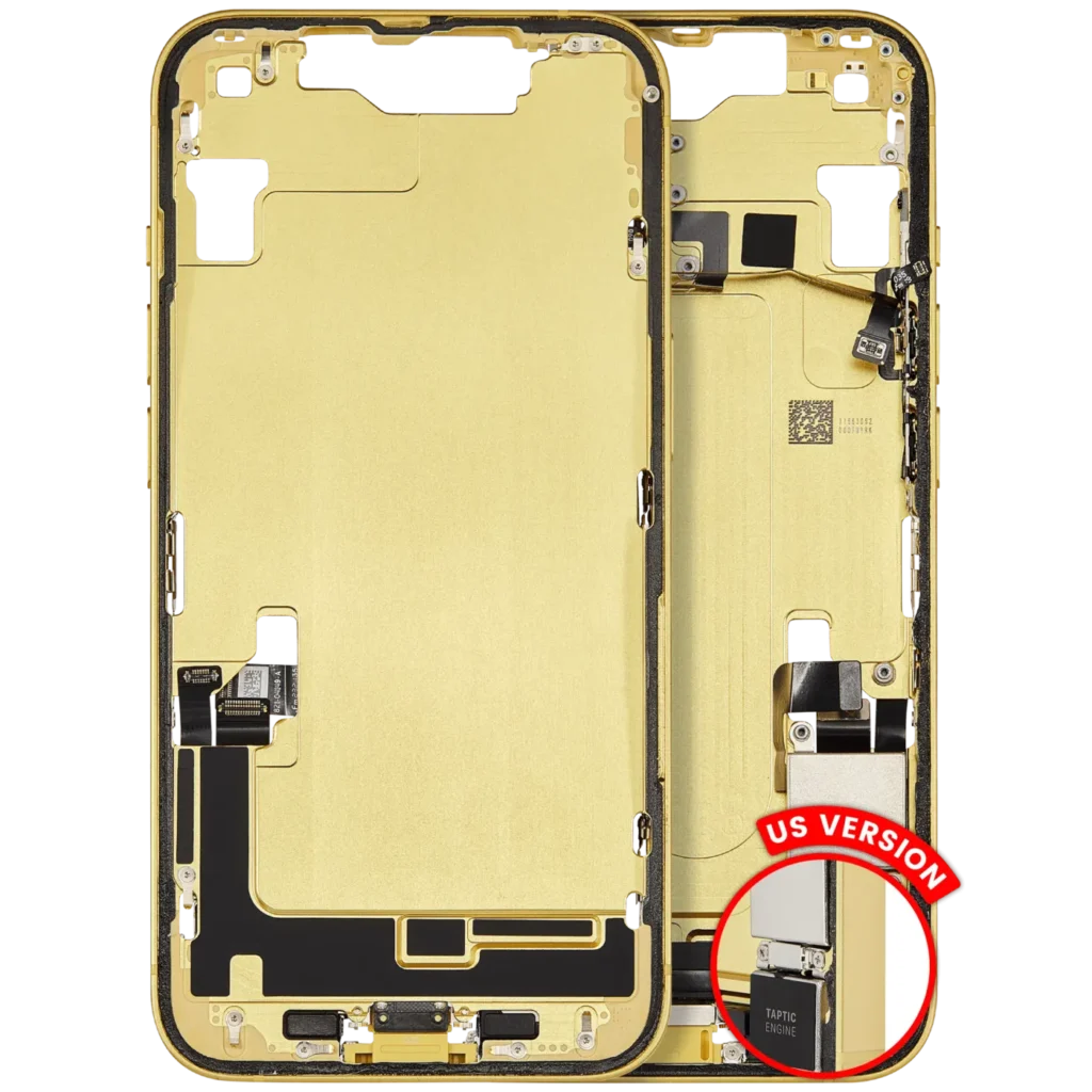 Mid-Frame Housing W/ Charging Port Flex & Small Parts For iPhone 14 (US Version) (Used OEM Pull: Grade C) (Yellow)