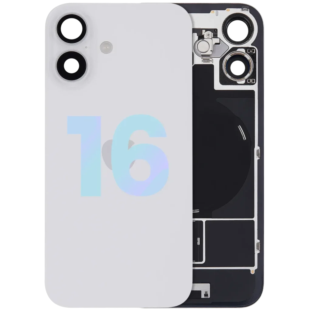 Back Glass With Steel Plate With Wireless NFC Charging MagSafe Magnet & Flashlight Flex For iPhone 16 (Service Pack) (White)